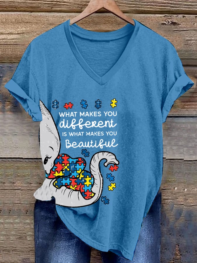 Women's  Autism Awareness Printed Casual V-Neck T-Shirt