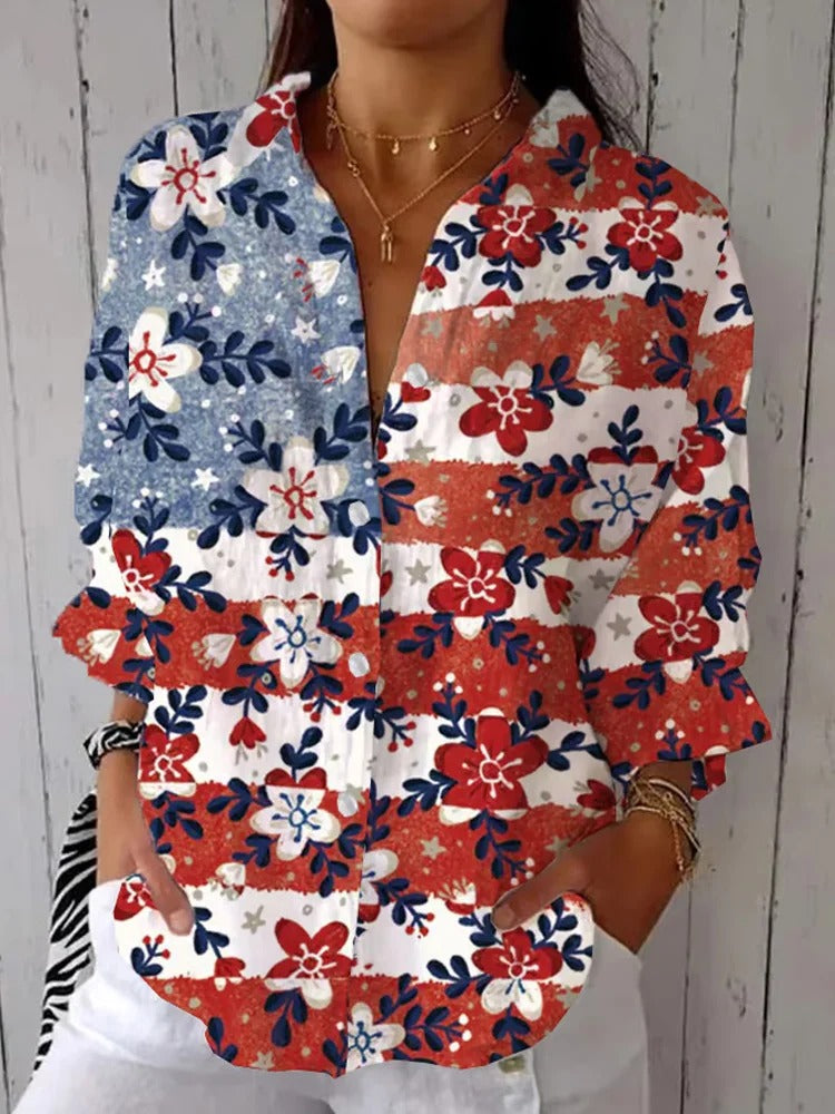 Women's Independence Day Flag Flowers Print Casual Shirt