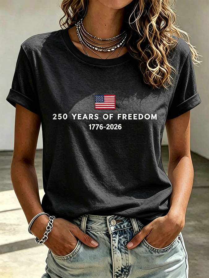 Ladies' Casual American 250Th Anniversary Embroidered Commemorative Round Neck Short Sleeved T-Shirt