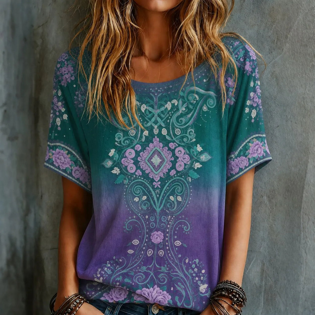 Women's Vintage Floral Embroidery Art Crew Neck Short Sleeve T-shirt