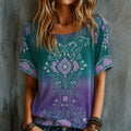 Women's Vintage Floral Embroidery Art Crew Neck Short Sleeve T-shirt