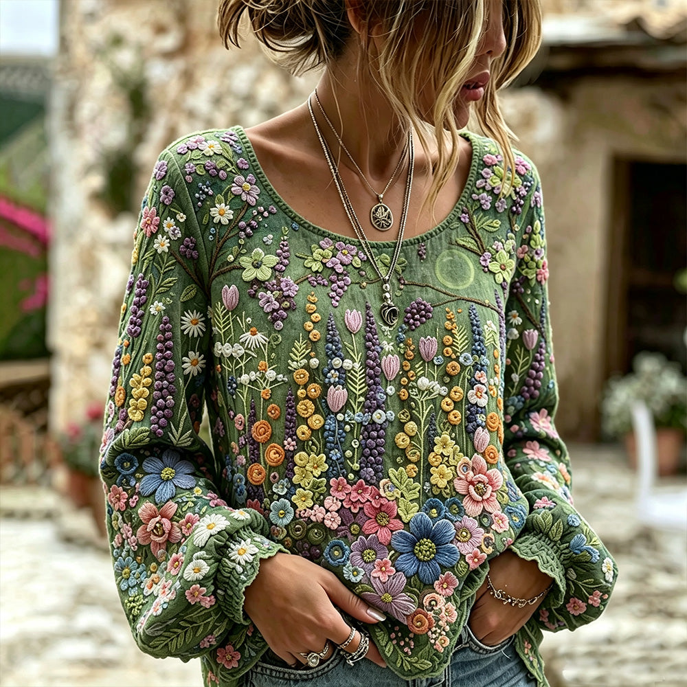 Vintage Floral And Artistic Comfortable Cotton And Linen Crew Neck Long-sleeved Top