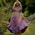 Women's Vintage Purple Rose Gradient Pattern Casual Round-neck Dress