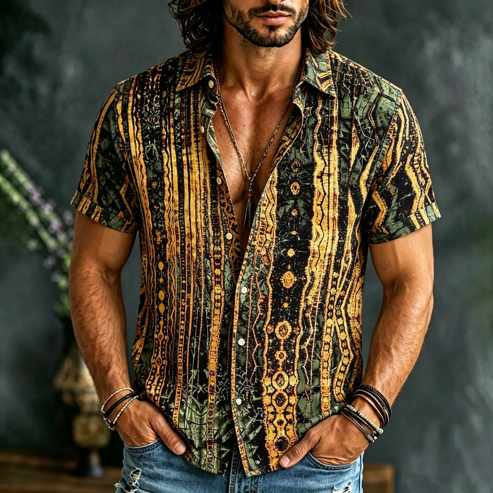 Men's Retro Striped Cotton Linen Short-sleeve Shirt