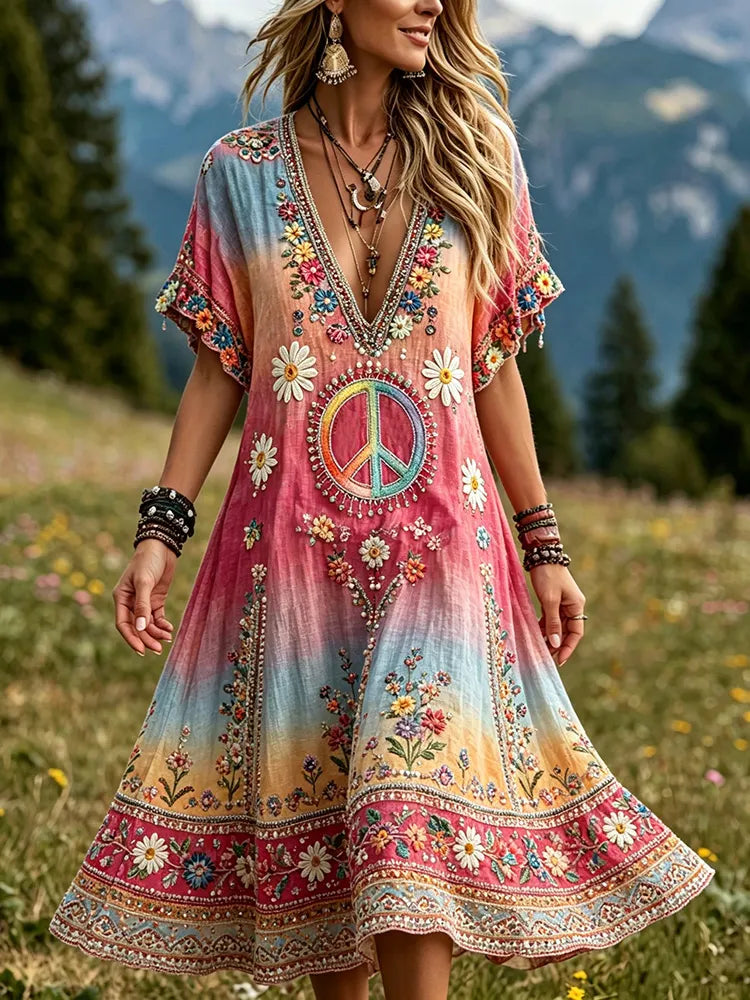 Women's Retro Hippie Floral Gradient Casual Short Sleeve Linen Maxi Dress