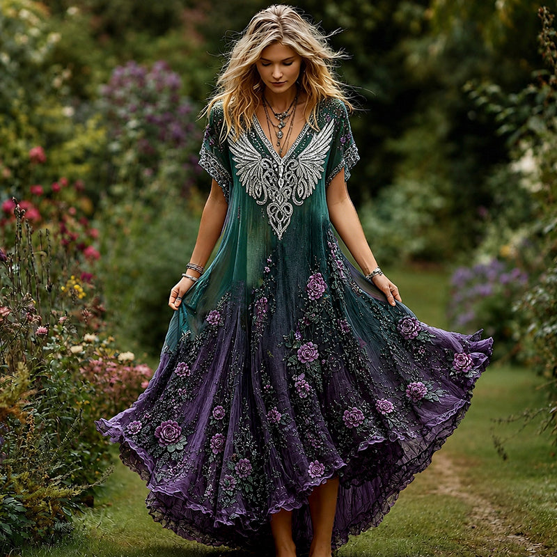 Women's Viking Celtic Knot Wings And Purple Floral Gradient Short-sleeve Dress