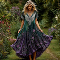 Women's Viking Celtic Knot Wings And Purple Floral Gradient Short-sleeve Dress