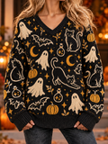 Women's Halloween Black Cat, Ghost And Pumpkin Pattern V-neck Knit Sweater