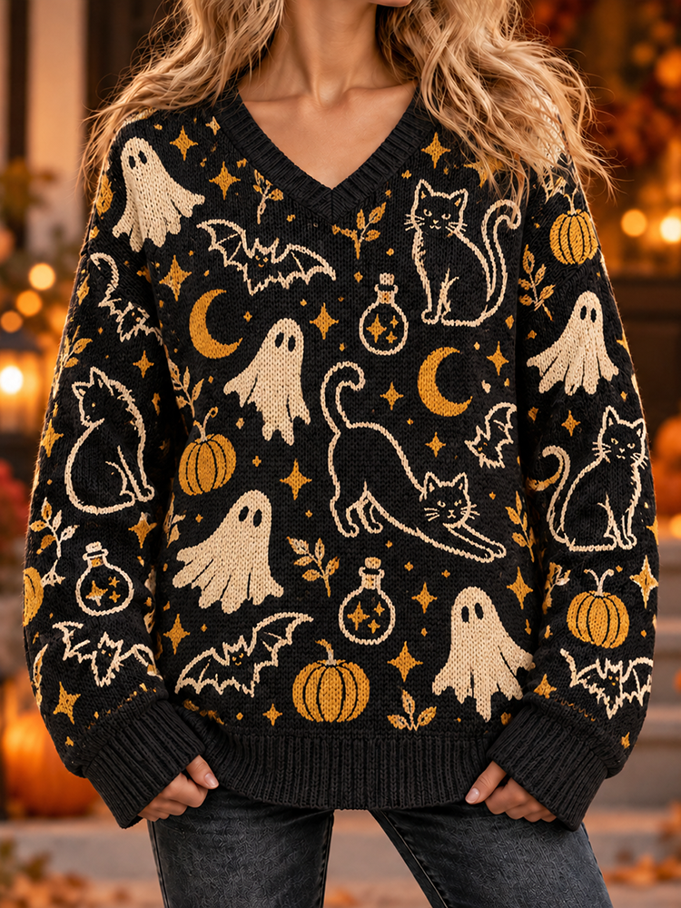 Women's Halloween Black Cat, Ghost And Pumpkin Pattern V-neck Knit Sweater