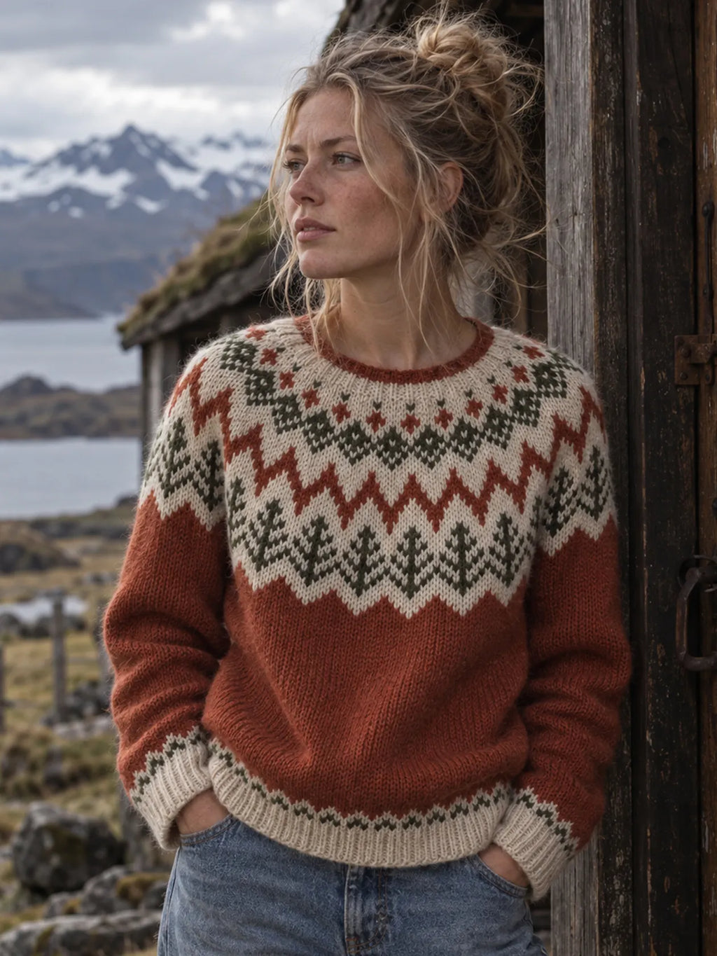 Women's Forest Motif Print Knitted Comfort Round Neck Sweater
