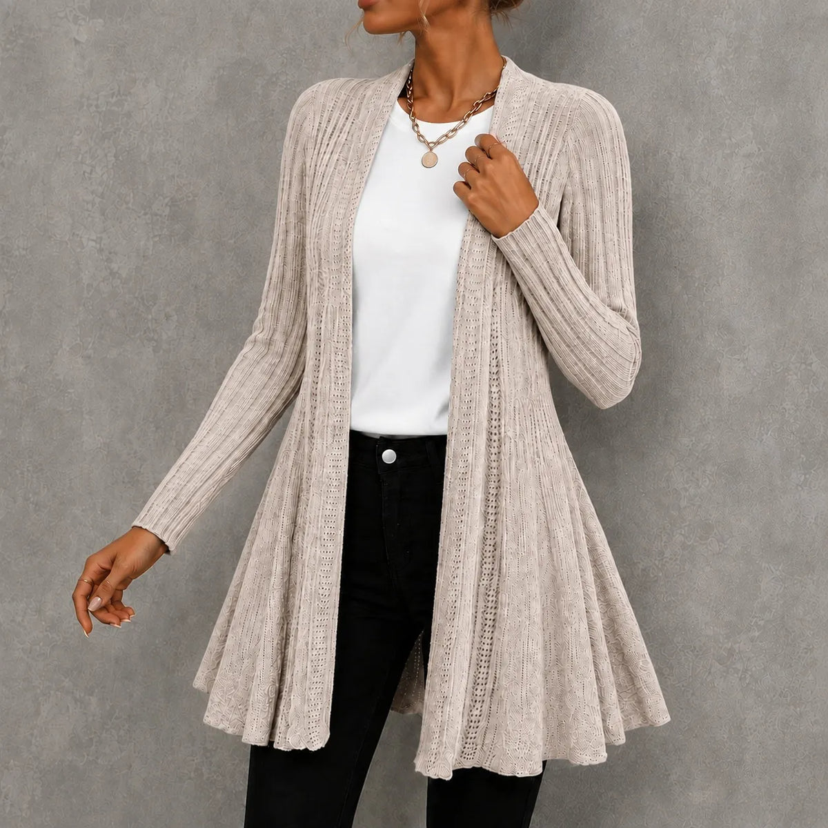Elegant Knitted Long-sleeved Mid-length Cardigan