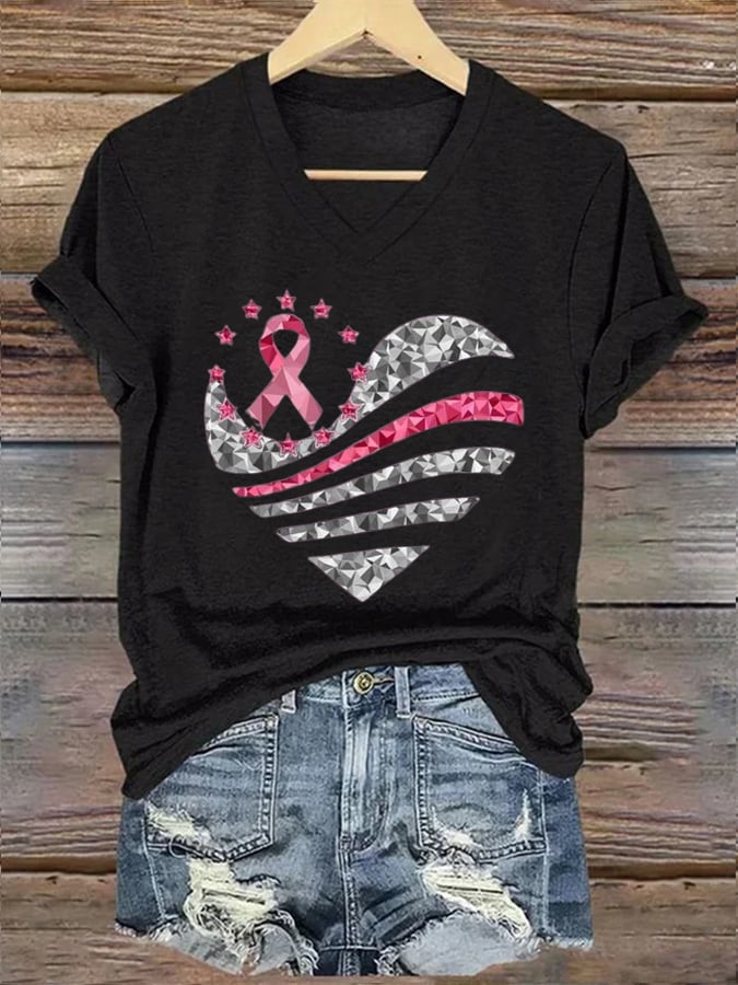 Women's Breast Cancer Awareness Pink Ribbon Print V Neck T-shirt