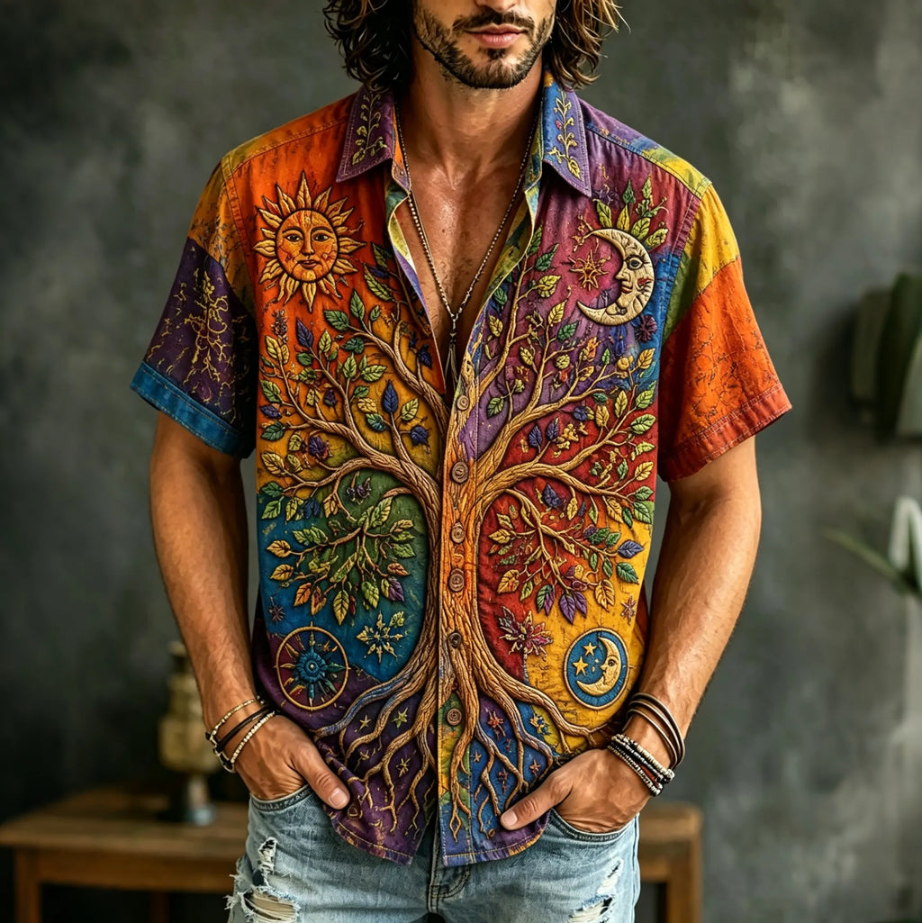 Men's Colorful Tree Of Life Sun Moon Patchwork Art Print Short Sleeve Shirt