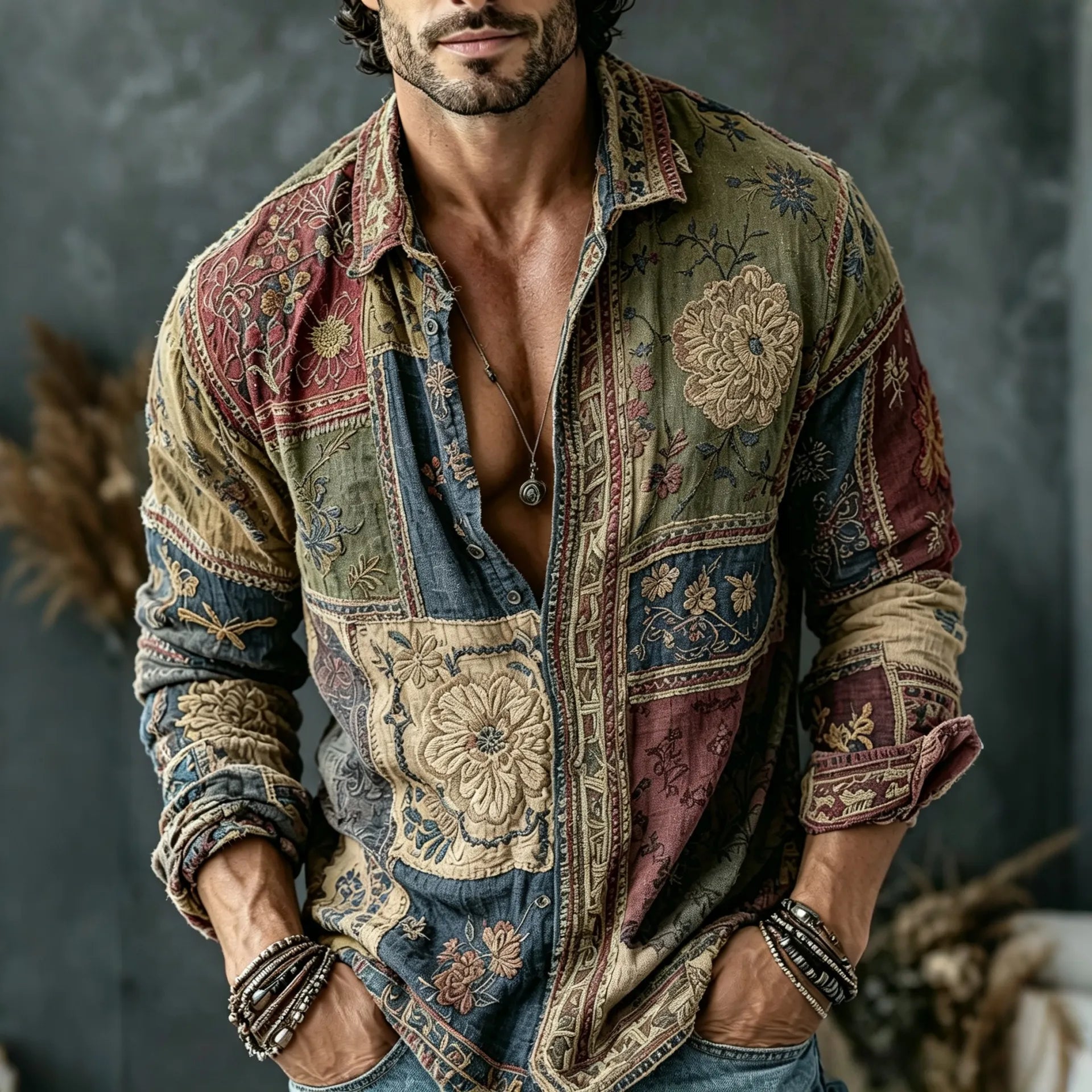 Men's Retro Floral Patchwork Embroidered Art Print Flowy Linen Blend Casual Shirt