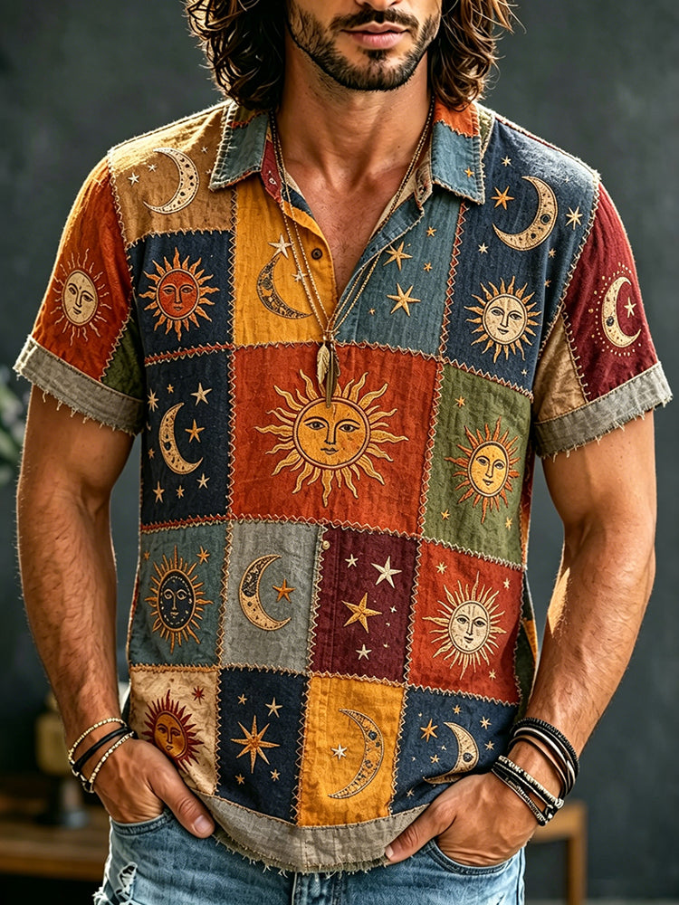 Men's Hippie Sun Moon Geometric Patchwork Print Short Sleeve Polo Shirt