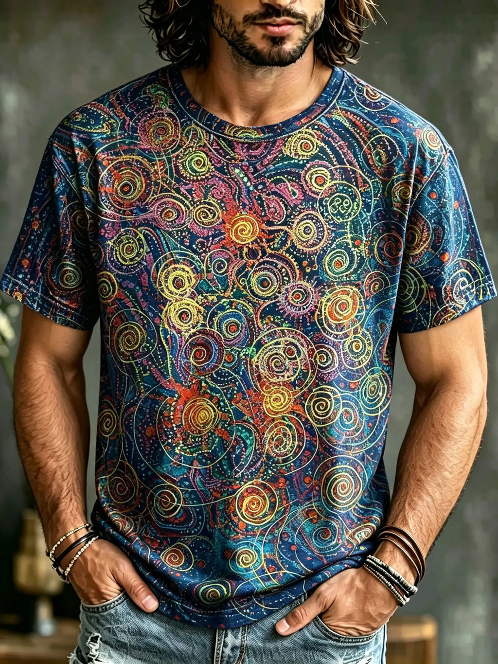 Men's Retro Hippie Style Art Print Casual Crew Neck Short Sleeve T-shirt
