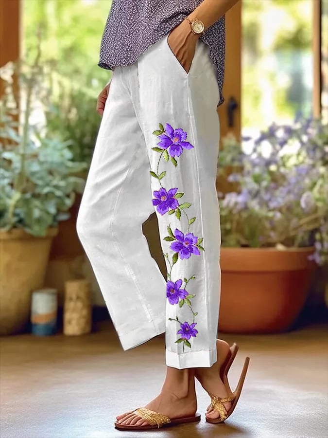Women's Purple Flower Print Alzheimer's Awareness Support Casual Pants