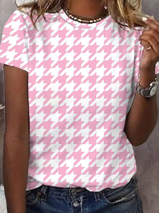 Women's Pink Houndstooth Breast Cancer Awareness Warrior Tee