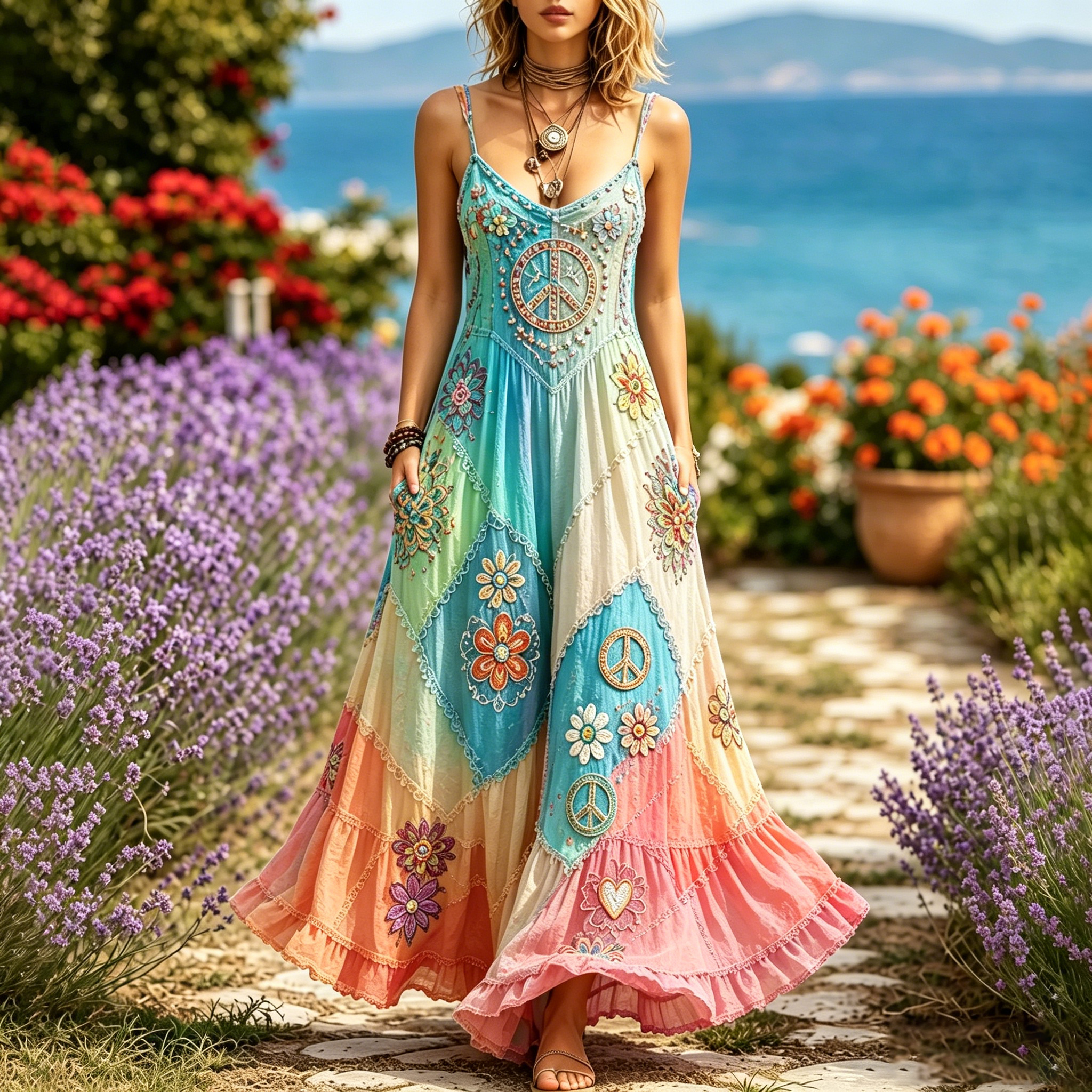 Women's Hippie Floral Peace Sign Contrast Patchwork Sleeveless Dress