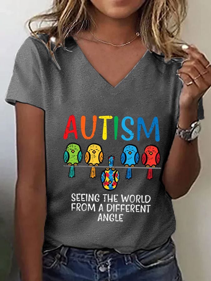 Women's "Seeing The World From A Different Angle" Autism Awareness Printed V-Neck T-Shirt