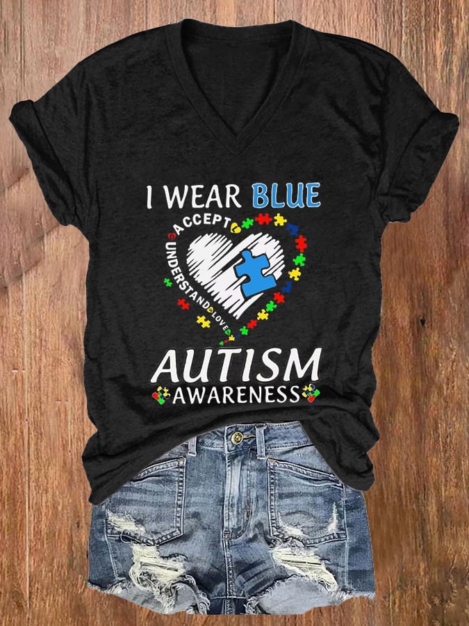 Women'S I Wear Blue For Autism Awareness Printed Casual T-Shirt