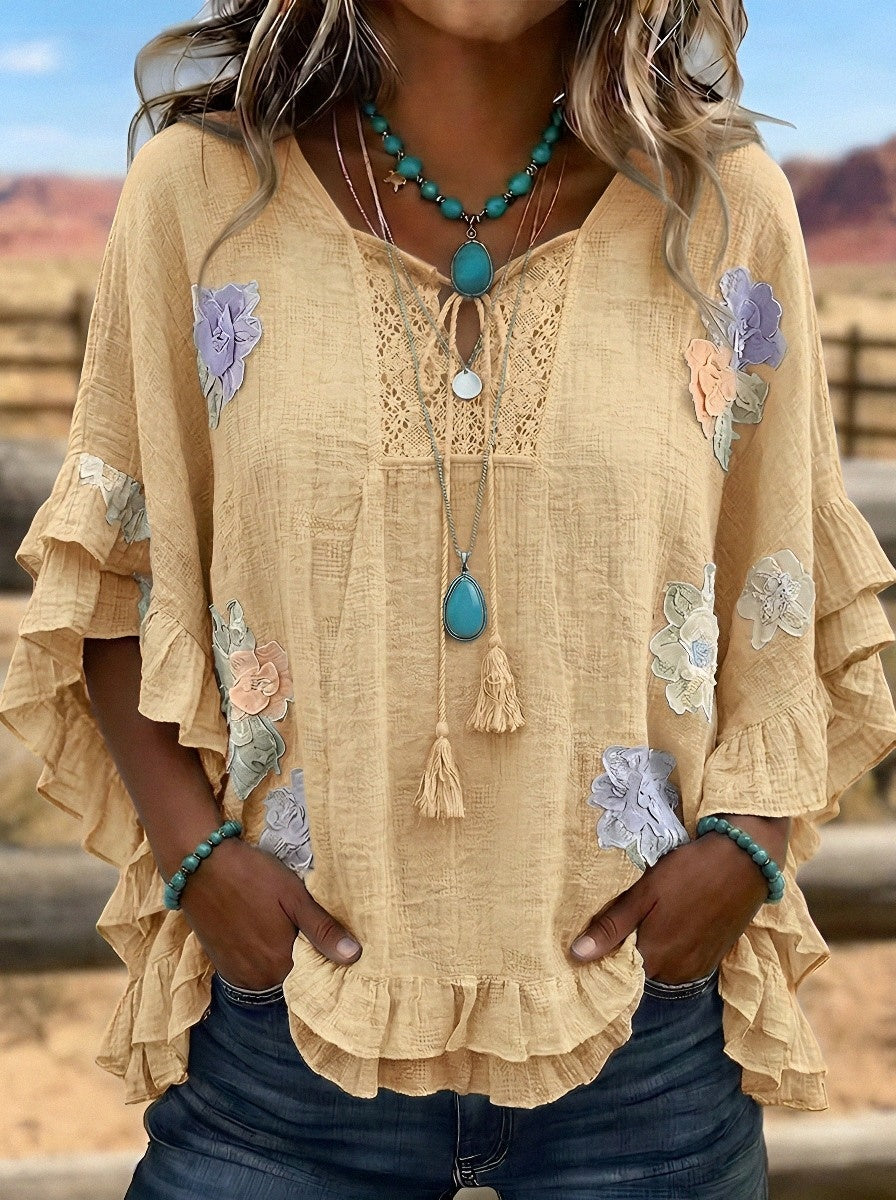 Women's Western Vintage Floral Embroidered Ruffle Sleeve Top