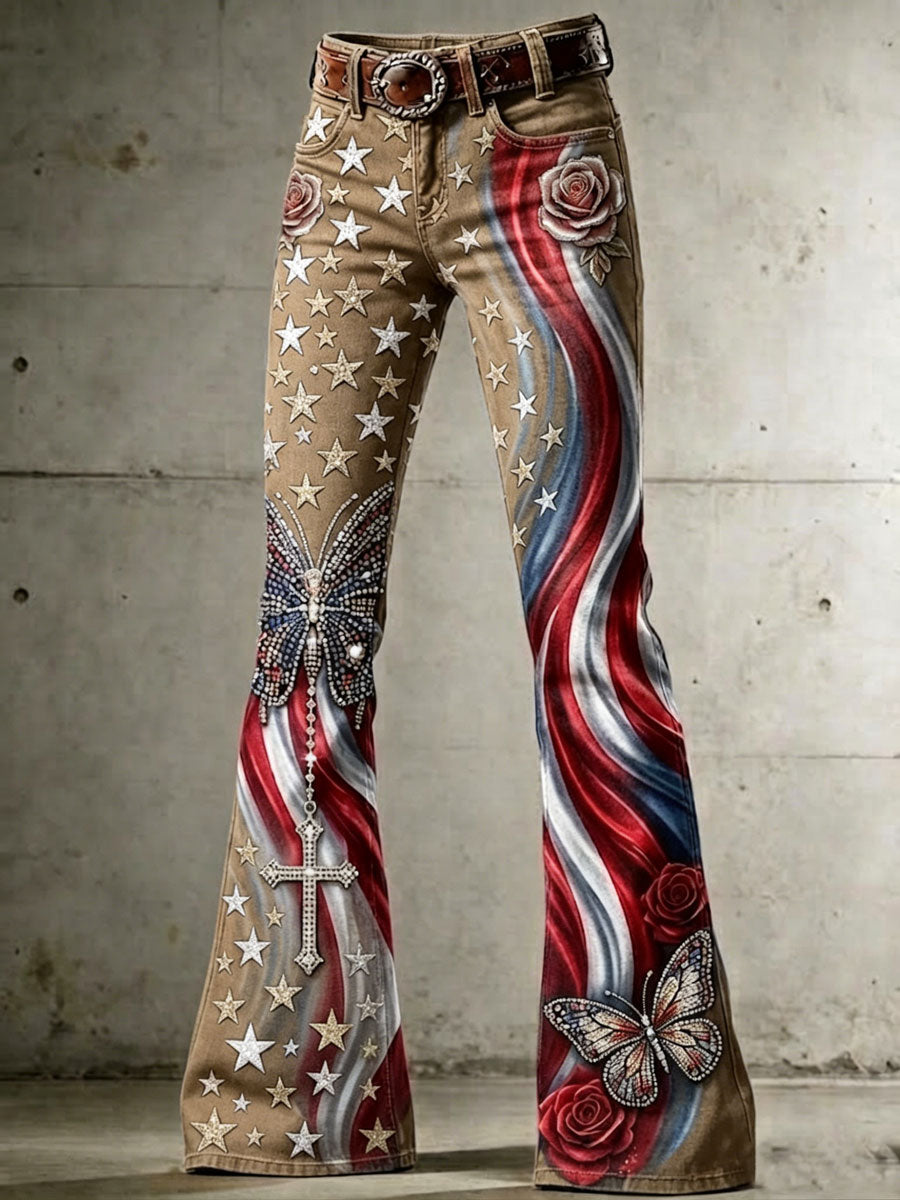 Women's High-Waisted Jeans with Cross, Flag, Butterfly, and Floral Patterns