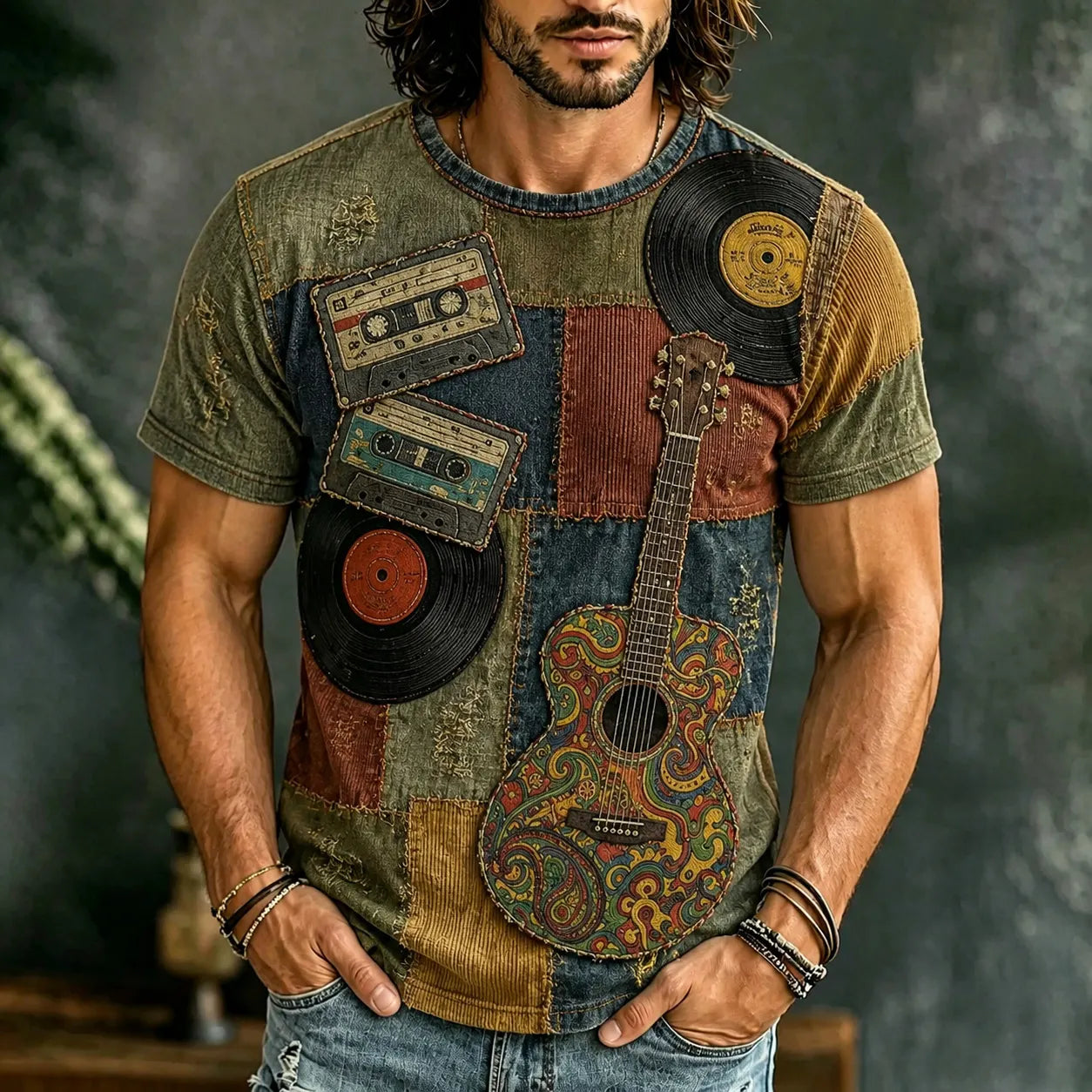 Men's Retro Hippie Music Patchwork Art Short Sleeve T-shirt