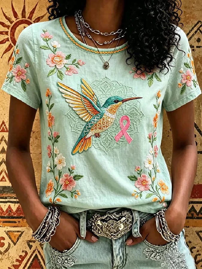 Women's Breast Cancer Awareness Short-Sleeve T-Shirt with Hummingbird Print
