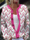 Women's Breast Cancer Pink Ribbon Print Casual Sweater Cardigan