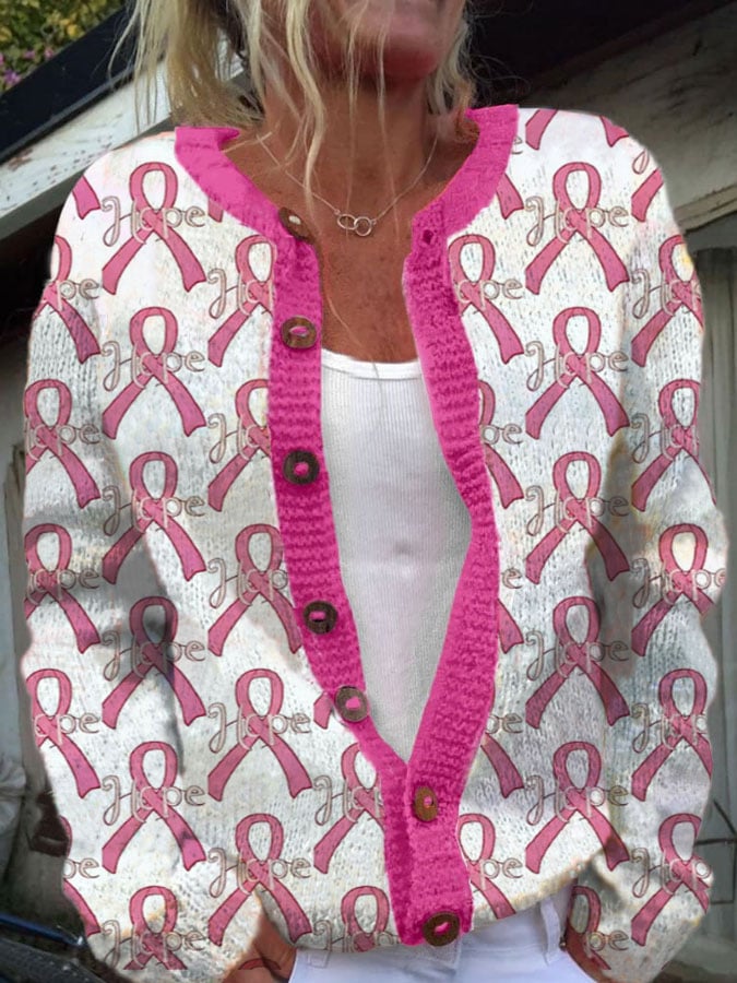 Women's Breast Cancer Pink Ribbon Print Casual Sweater Cardigan
