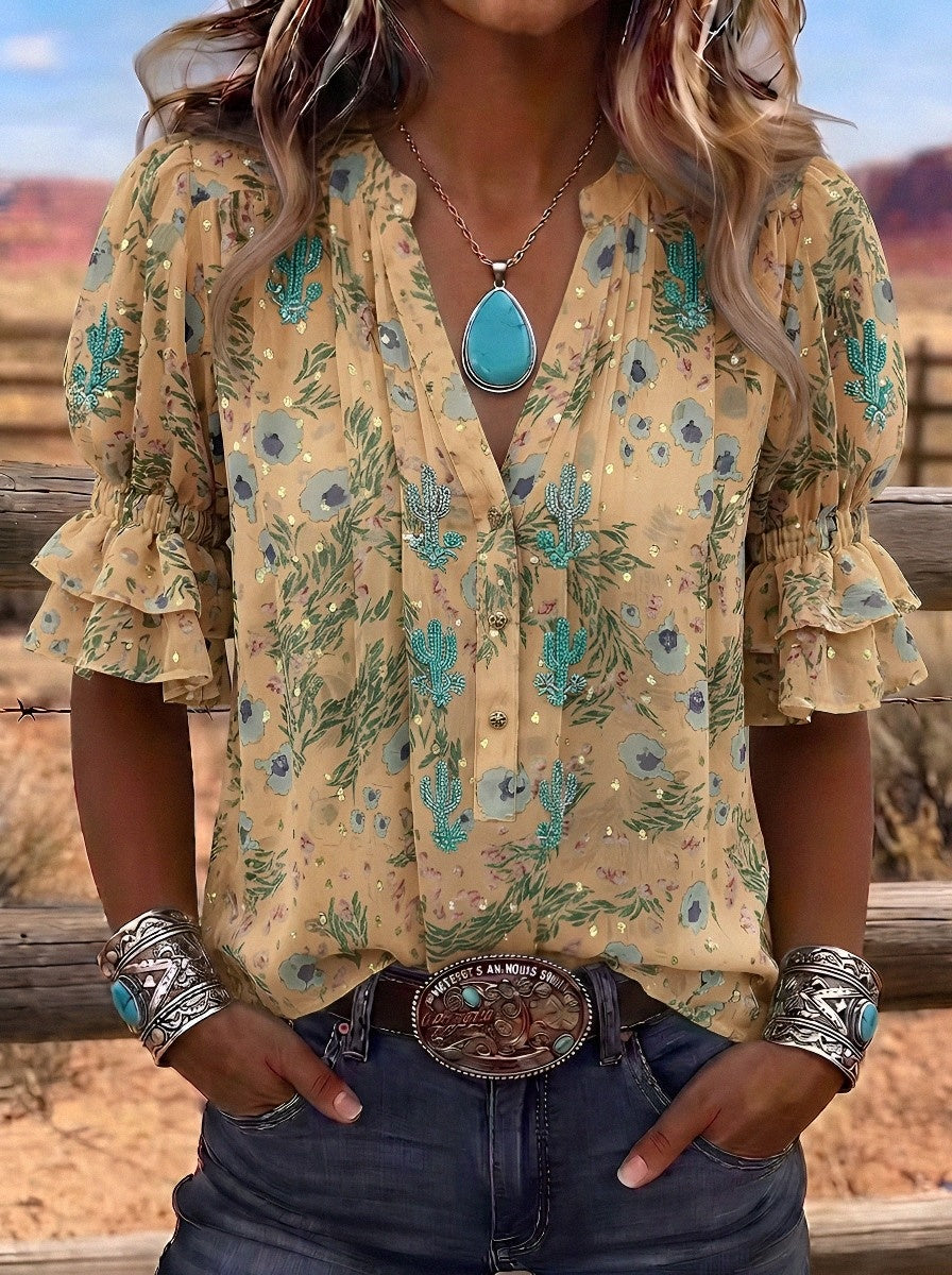 Women's Western Vintage Cactus Floral Printed Blouse