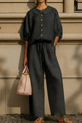 New Arrivals🔥Stylish Peter Pan Collar Shirt And Wide-leg Pant Linen Two-piece Set