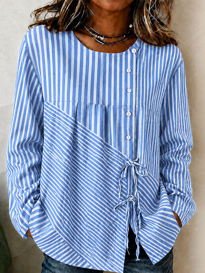 Women'S Breast Cancer Promotion Pink Stripe Art Printing Cotton Linen Long Sleeve Shirt