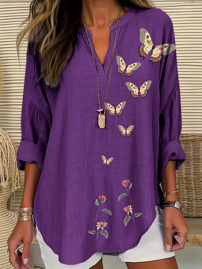 Women's Purple Flower Butterfly Alzheimer's Awareness Support Print Casual Shirt