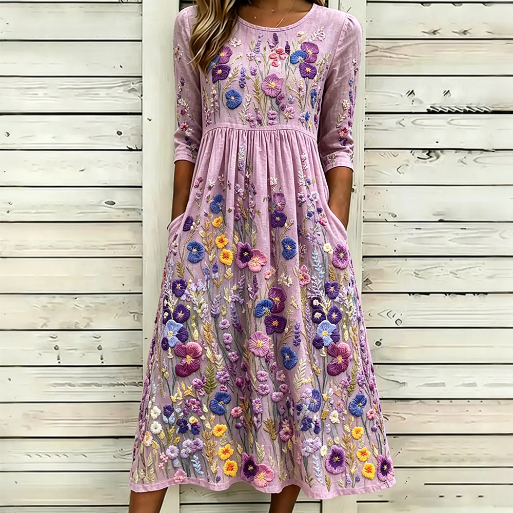 Elegant Violet Wildflower Embroidery Art Flowy Linen Maxi Dress