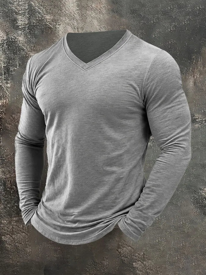 Men's Plain Casual V-Neck Long Sleeve T-Shirt