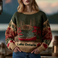 Women's Vintage Lake Ontario Print Crew Neck Knit Sweater