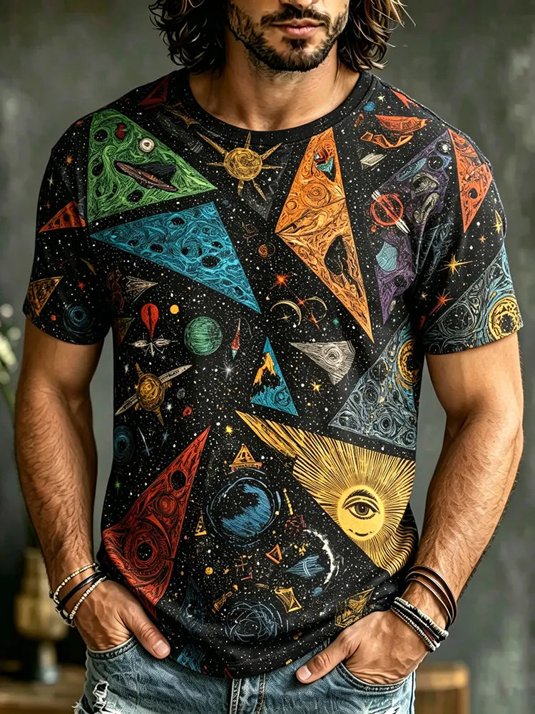 Men's Retro Hippie Psychedelic Art Cosmic Print Casual T-shirt
