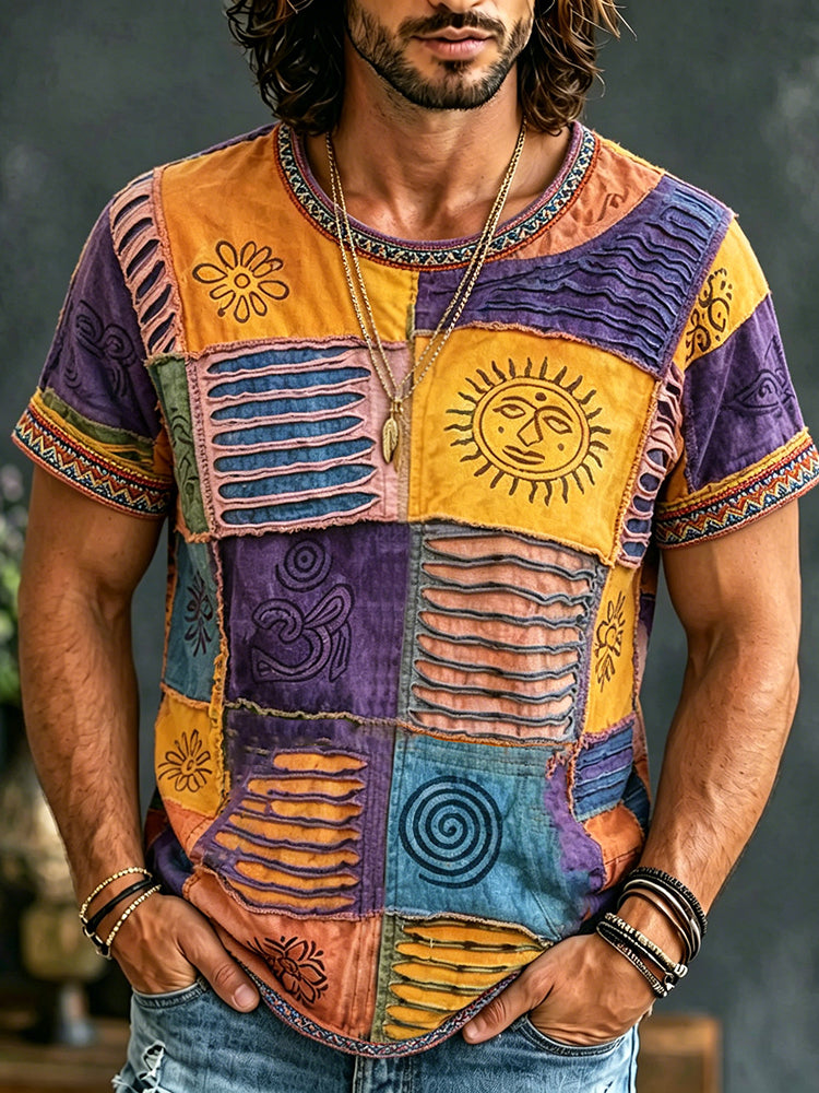 Men's Hippie Tie-dye Patchwork Print Crew Neck T-shirt