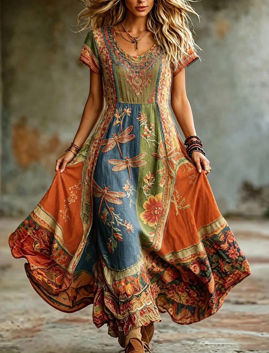 Women's Hippie Floral And Dragonfly Pattern Art Embroidered Linen Blend Maxi Dress