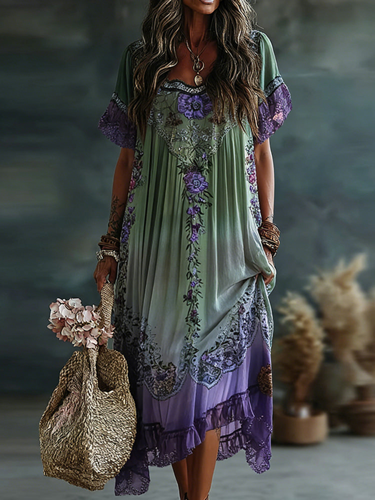Classy Gradient Purple Lavender And Floral Short Sleeve Linen Maxi Dress