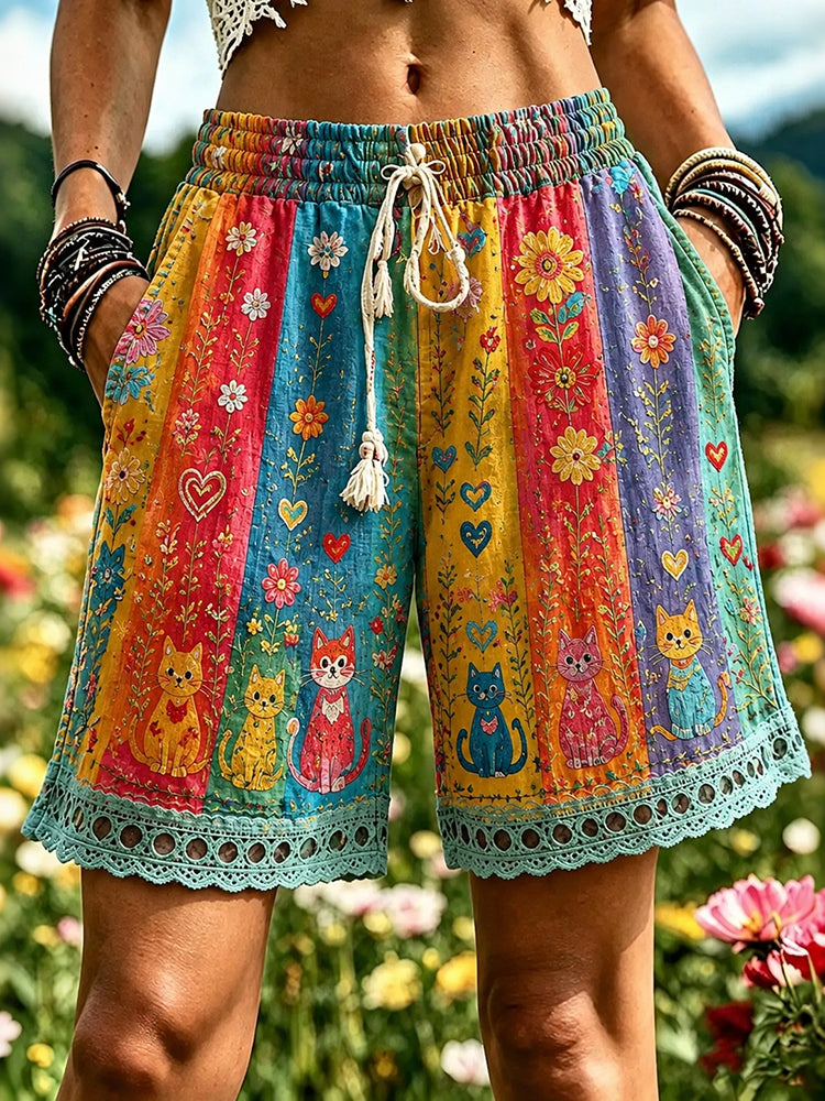 Retro Hippie Rainbow And Cat Pattern Linen Blend Shorts
