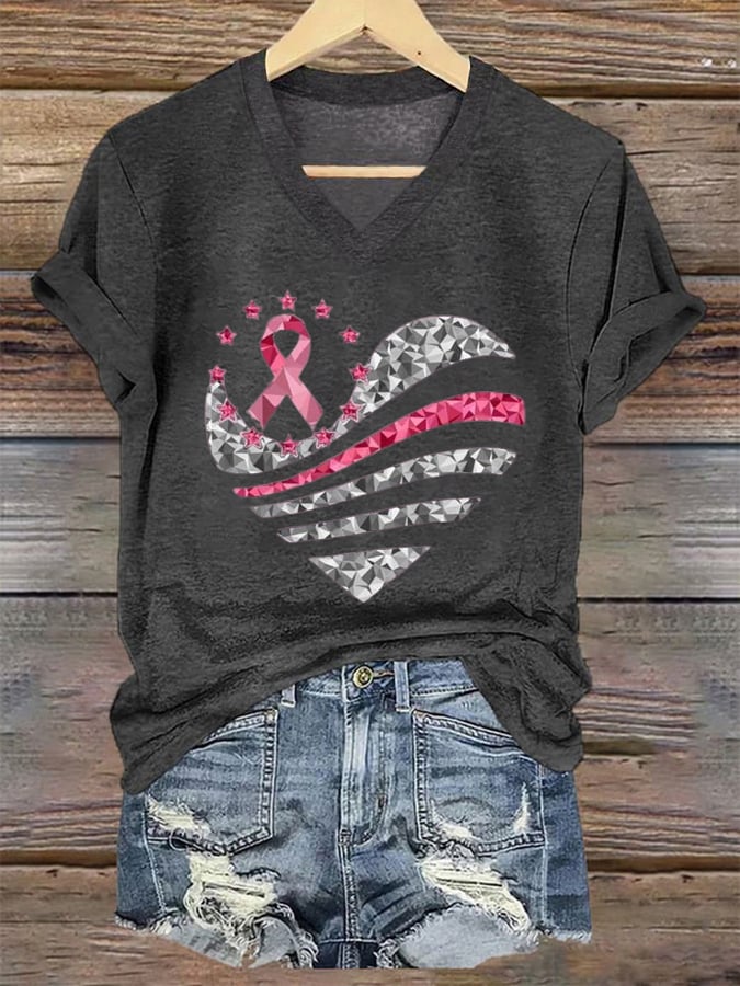 Women's Breast Cancer Awareness Pink Ribbon Print V Neck T-shirt