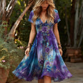 Women's Retro Purple Floral Gradient Pattern Casual Short Dress