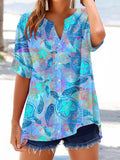 Women's Vintage Floral Turtle Button Design V-Neck Three Quarter Sleeve Shirt