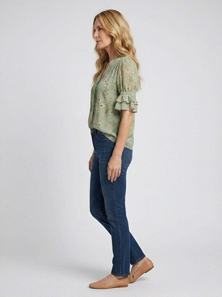 Women's Western Vintage Floral Ruffle Sleeve Printed Top