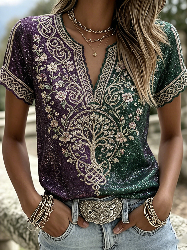 Women's Viking Tree Of Life & Celtic Knot Color Block Sequin Casual V-neck Short Sleeve Top