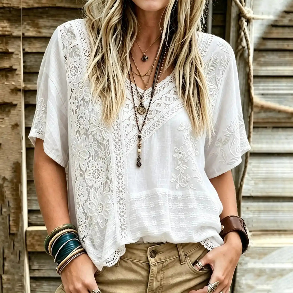 Women's Retro Bohemian Floral Lace Embroidered V-neck Top