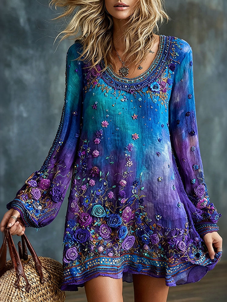 Women's Romantic Floral Art Linen Blend Dress